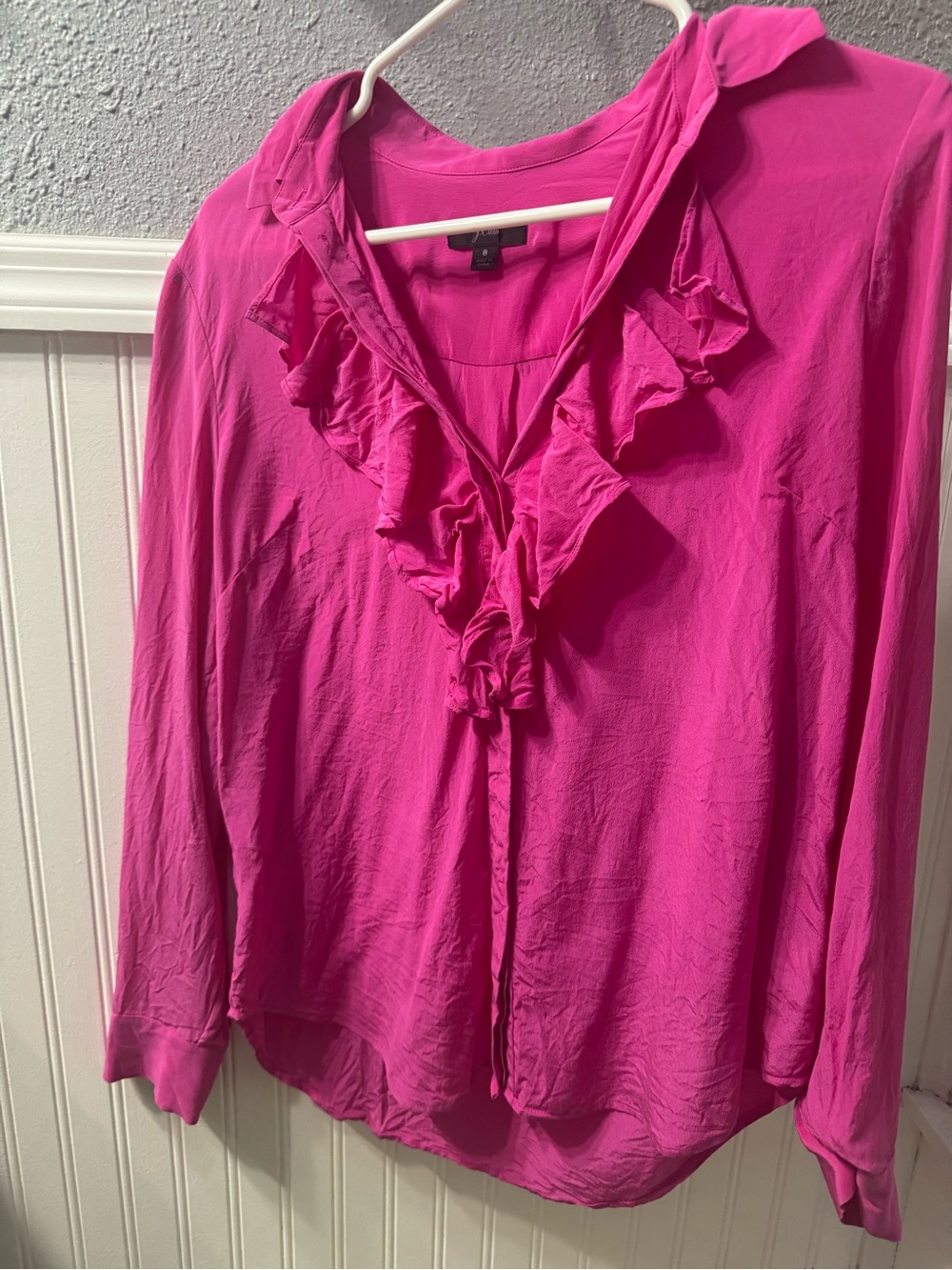 J. Crew Bright Fuchsia Ruffle V-Neck Blouse 100% silk